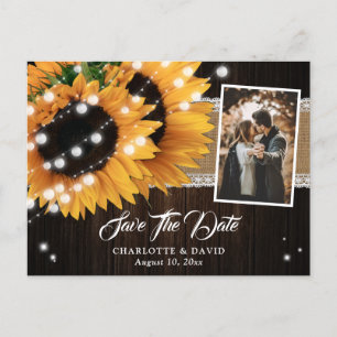 Sunflower String Lights Burlap Wood Wedding Photo Announcement Postcard