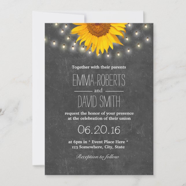 Sunflower & String Lights Chalkboard Wedding Invitation (Front)