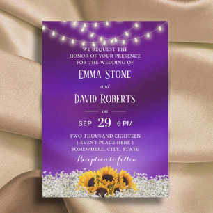 Sunflower & String Lights Elegant Purple Wedding Invitation