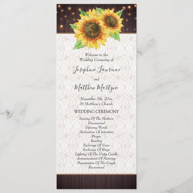 Sunflower String Lights Lace Rustic Wedding Programme (Front)