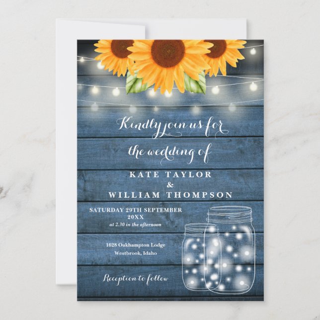 Sunflower String Lights Mason Jar Blue Wedding Invitation (Front)