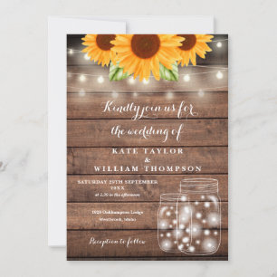 Sunflower String Lights Mason Jar Rustic Wedding Invitation