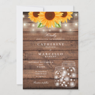 Sunflower String Lights Mason Jar Rustic Wedding Invitation