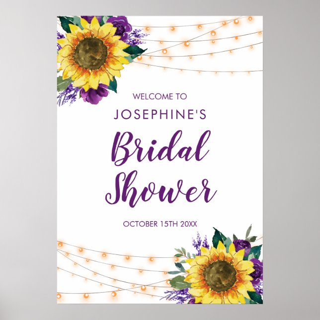 Sunflower String Lights Purple Bridal Shower Poster (Front)