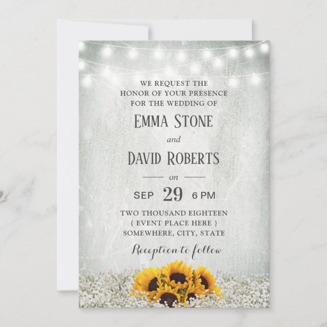 Sunflower & String Lights Rustic Floral Wedding Invitation (Front)