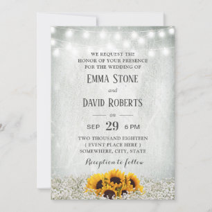 Sunflower & String Lights Rustic Floral Wedding Invitation