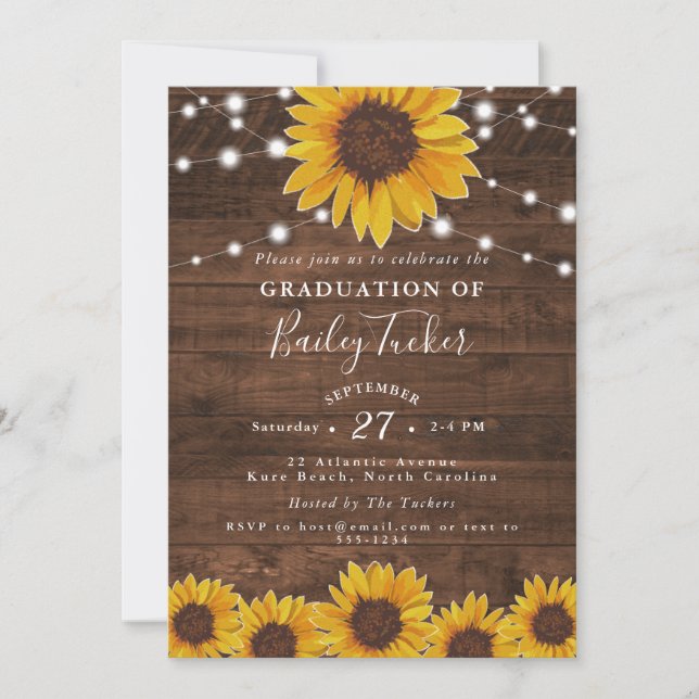 Sunflower String Lights Rustic Graduation Invitation (Front)