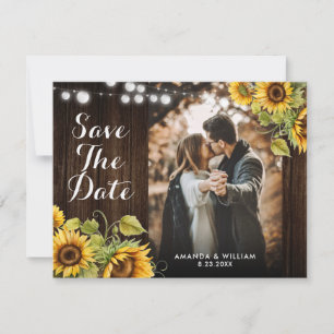 Sunflower String Lights Rustic Wood Wedding Photo Save The Date