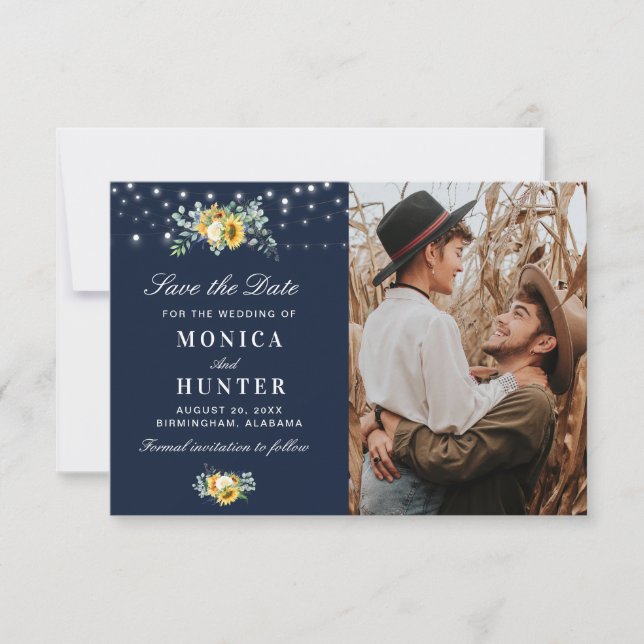 sunflower string lights save the date photo card (Front)