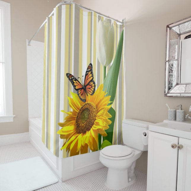 Sunflower Stripe Butterfly Tulip Shower Curtain (In Situ)