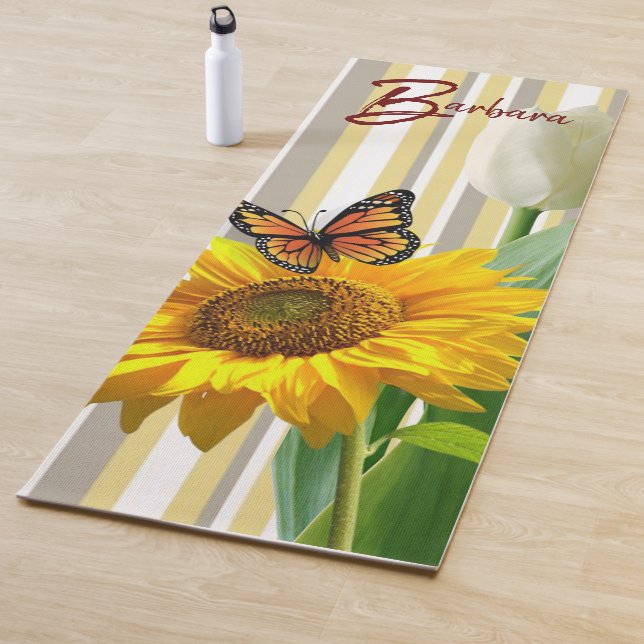 Sunflower Stripe Butterfly White Tulip  Yoga Mat (In Situ)