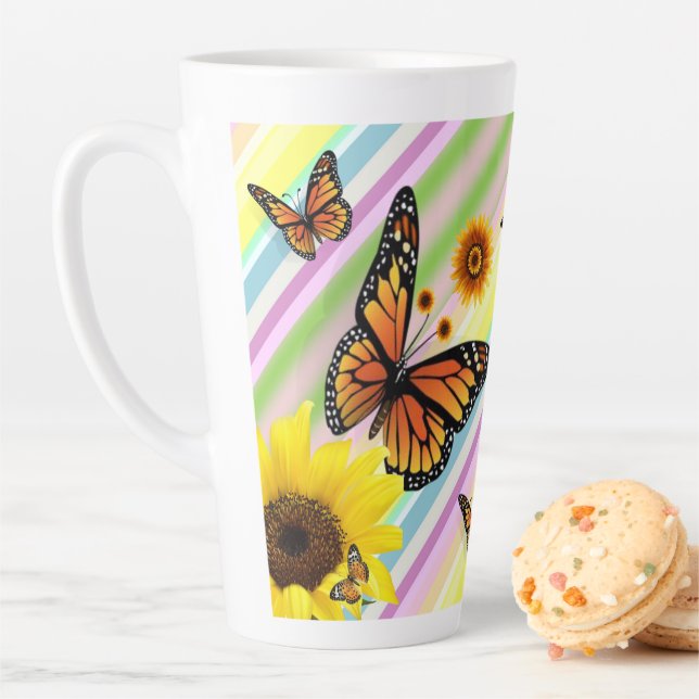 Sunflower Stripe Latte Mug Butterfly Bumblebee  (In Situ)