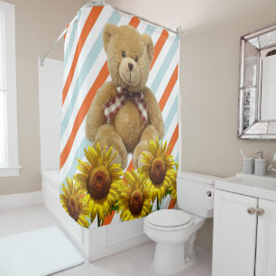 Sunflower Stripe Teddy Bear Shower Curtain