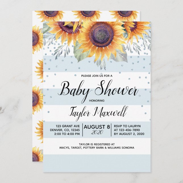 Sunflower stripes confetti rustic fall baby shower invitation (Front/Back)