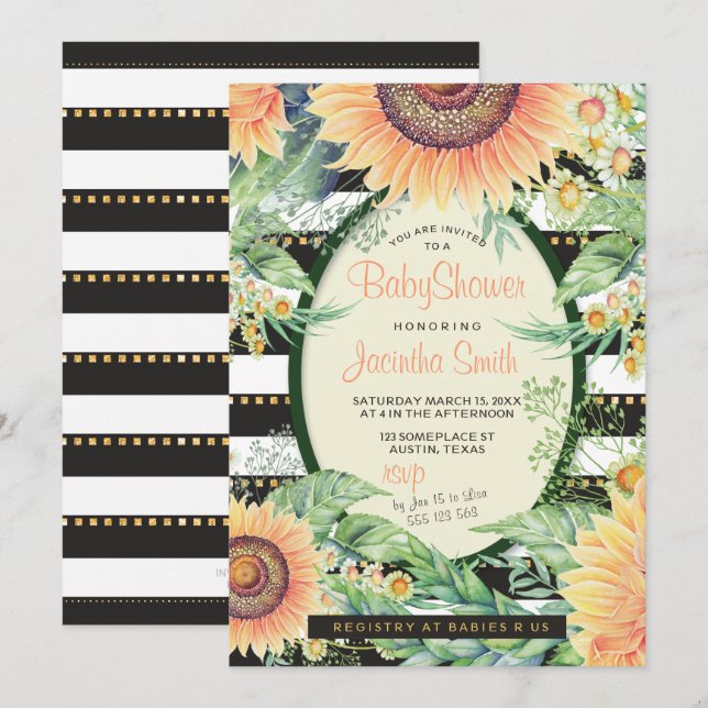 Sunflower Stripes Glam Baby Shower | Modern Rustic Invitation (Front/Back)