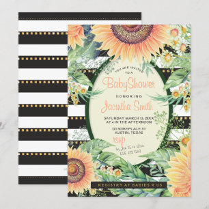 Sunflower Stripes Glam Baby Shower   Modern Rustic Invitation