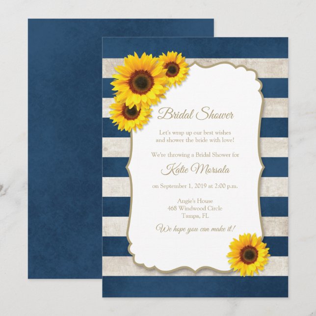 Sunflower Stripes Rustic Navy Blue Bridal Shower Invitation (Front/Back)