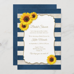 Sunflower Stripes Rustic Navy Blue Bridal Shower Invitation