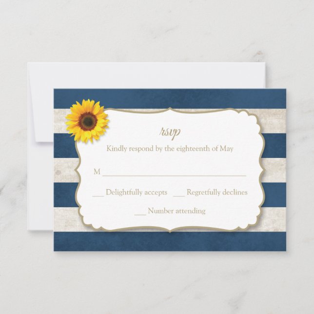 Sunflower Stripes Rustic Summer Navy Blue Wedding RSVP Card (Front)