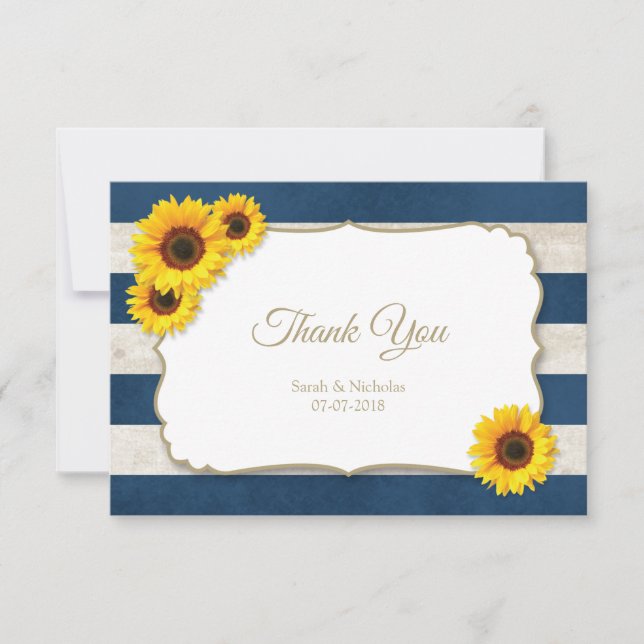 Sunflower Stripes Rustic Summer Wedding Navy Blue Thank You Card (Front)