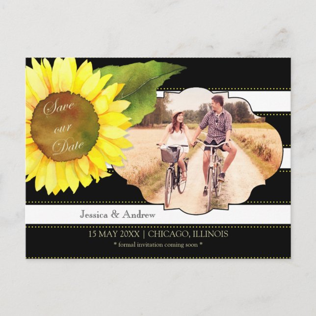 Sunflower & Stripes Wedding Photo Save the Date Announcement Postcard (Front)