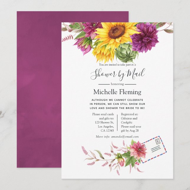 Sunflower Summer Bridal or Baby Shower by Mail Invitation (Front/Back)