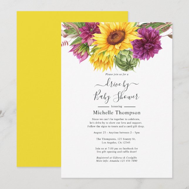 Sunflower Summer  Drive By Bridal or Baby Shower Invitation (Front/Back)