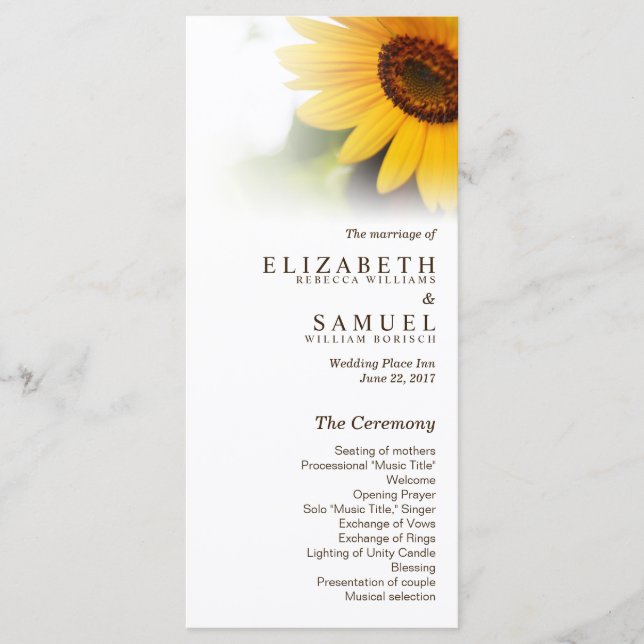 Sunflower Summer Wedding Program Rack Cards (Front)