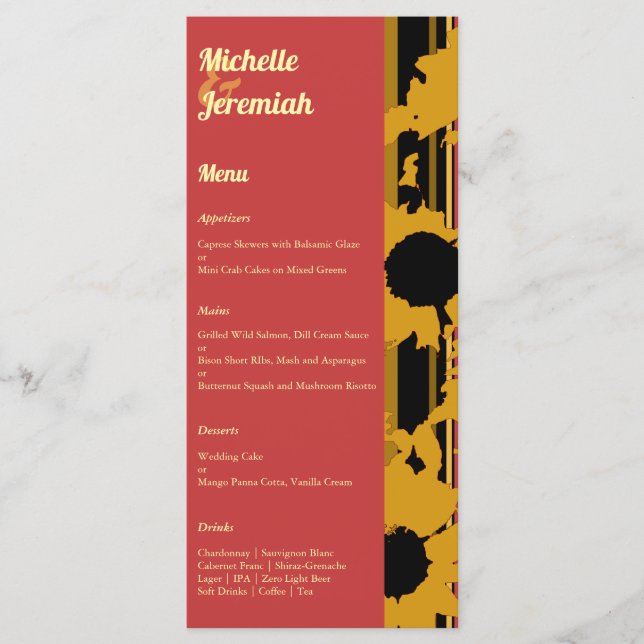 Sunflower Sunset Coral Gold Modern Wedding Menu (Front)