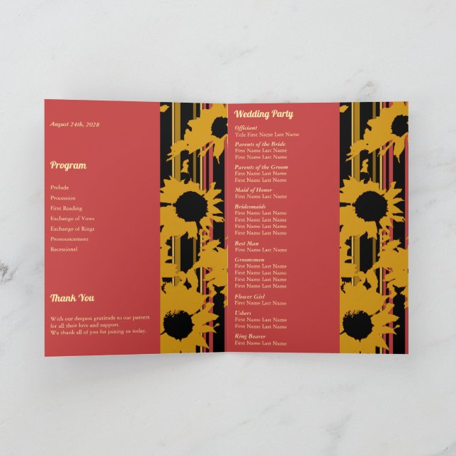 Sunflower Sunset Coral Gold Modern Wedding Photo Programme (Inside)