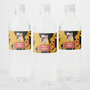 Sunflower Sunset Coral Gold Modern Wedding Photo Water Bottle Label