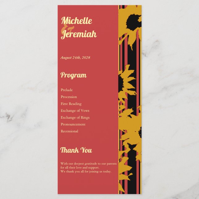 Sunflower Sunset Coral Gold Modern Wedding Programme (Front)