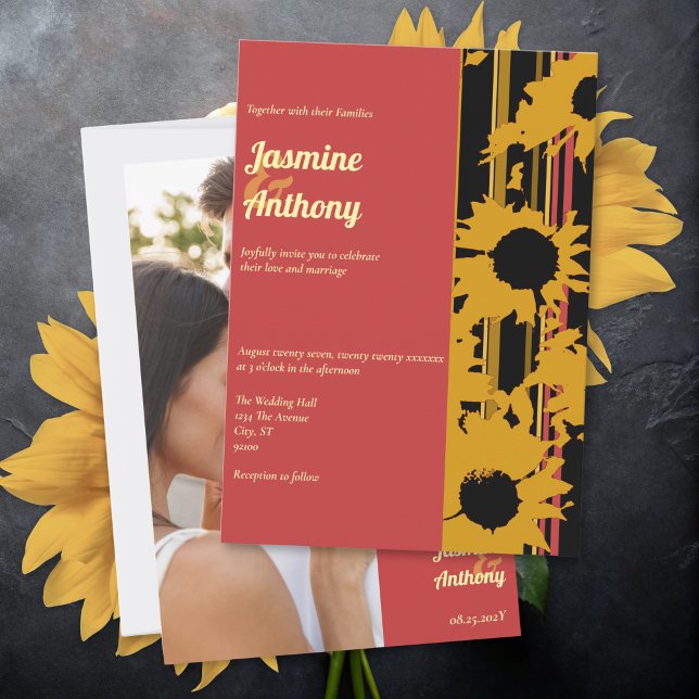 Sunflower Sunset Coral Gold Wedding Invitation (Creator Uploaded)