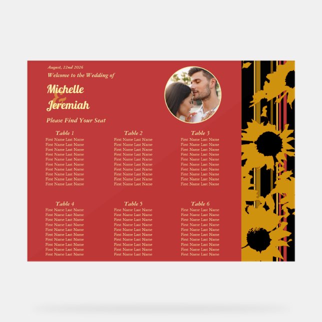Sunflower Sunset Coral Wedding Photo Seat Chart  (Front)
