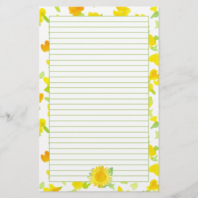 Sunflower Sunshine Yellow Watercolor Flowers Lined Stationery (Front)