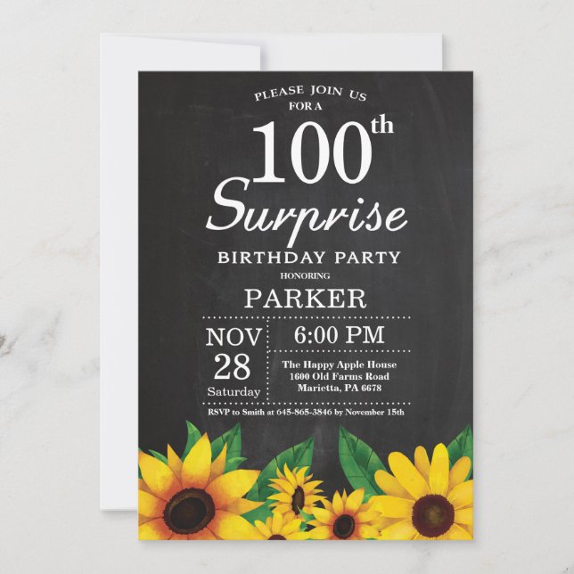 Sunflower Surprise 100th Birthday Invitation (Front)