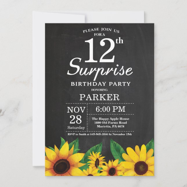 Sunflower Surprise 12th Birthday Invitation (Front)