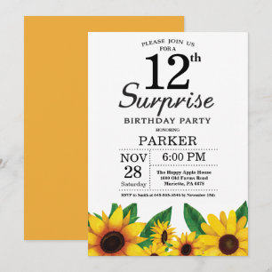 Sunflower Surprise 12th Birthday Invitation