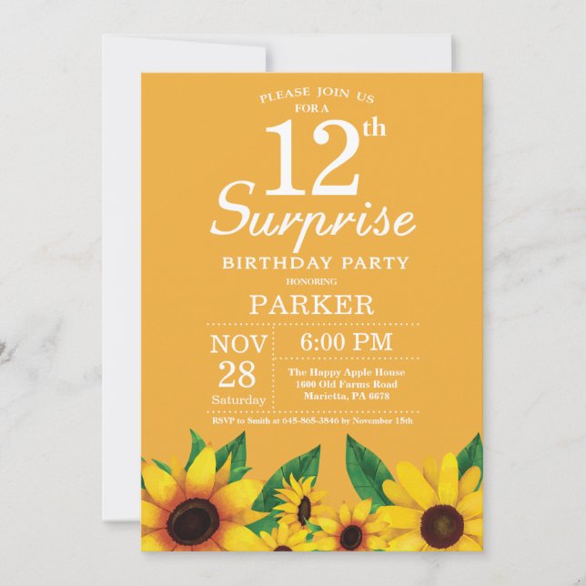 Sunflower Surprise 12th Birthday Invitation (Front)
