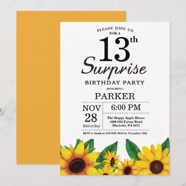 Sunflower Surprise 13th Birthday Invitation (Front/Back)