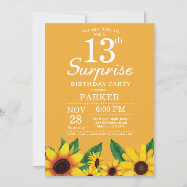 Sunflower Surprise 13th Birthday Invitation (Front)
