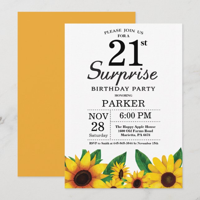 Sunflower Surprise 21st Birthday Invitation (Front/Back)