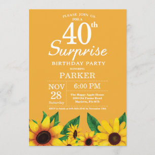 Sunflower Surprise 40th Birthday Invitation