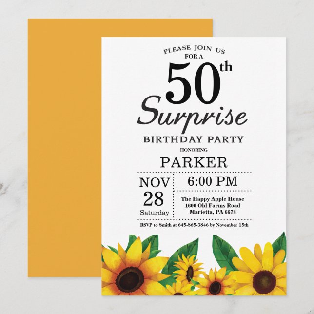 Sunflower Surprise 50th Birthday Invitation (Front/Back)