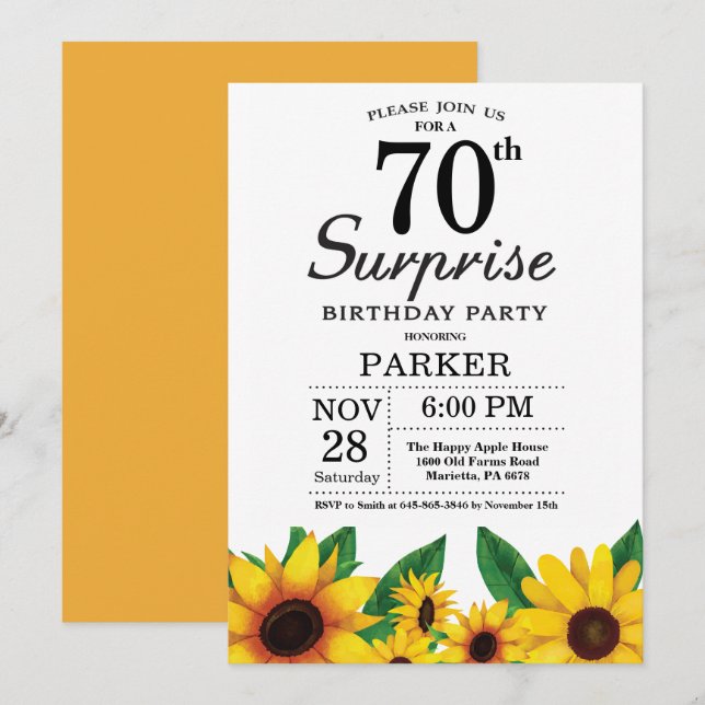 Sunflower Surprise 70th Birthday Invitation (Front/Back)