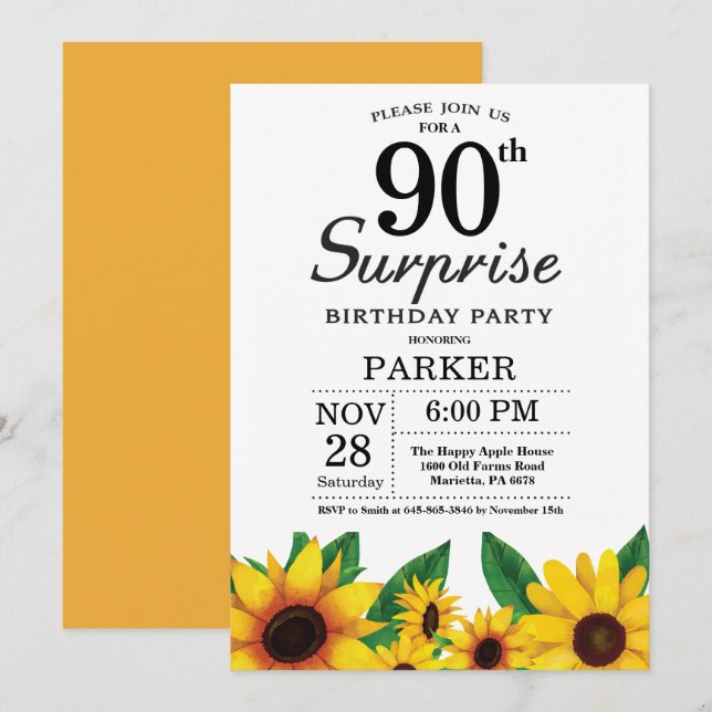 Sunflower Surprise 90th Birthday Invitation (Front/Back)