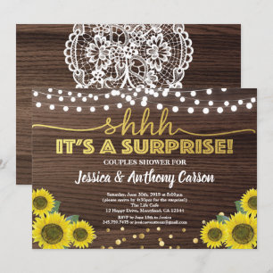 Sunflower surprise couples shower rustic wood gold invitation