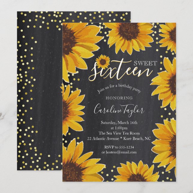 Sunflower Sweet 16 Birthday Chalkboard Invitation (Front/Back)