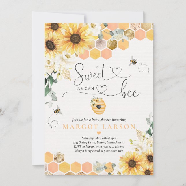 Sunflower Sweet As Can Bee Baby Shower  Invitation (Front)
