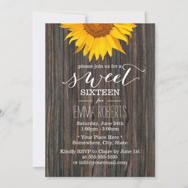 Sunflower Sweet Sixteen Rustic Wood Invitation (Front)